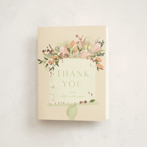 This is a peaches thank you cards with foil pressed by Grace Kreinbrink called tulip topper printing on strathmore in standard