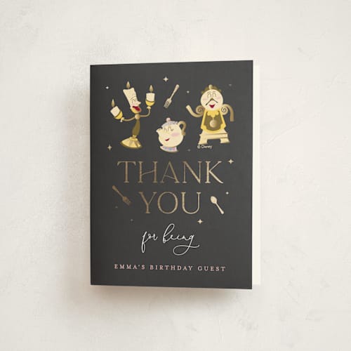 This is a midnight thank you cards with foil pressed by Erica Krystek called disney's beauty and the beast be our guest printing on strathmore in standard