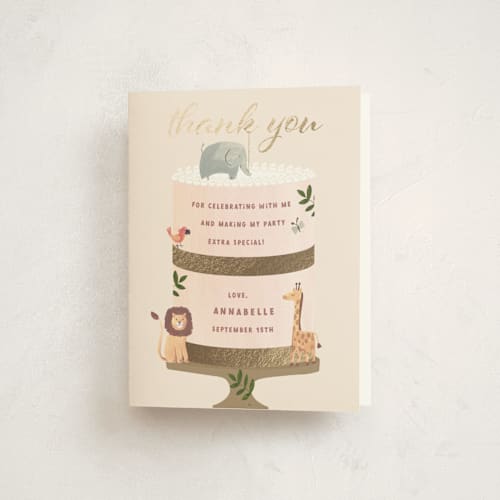 This is a cream thank you cards with foil pressed by Teju Reval called safari cake printing on strathmore in standard