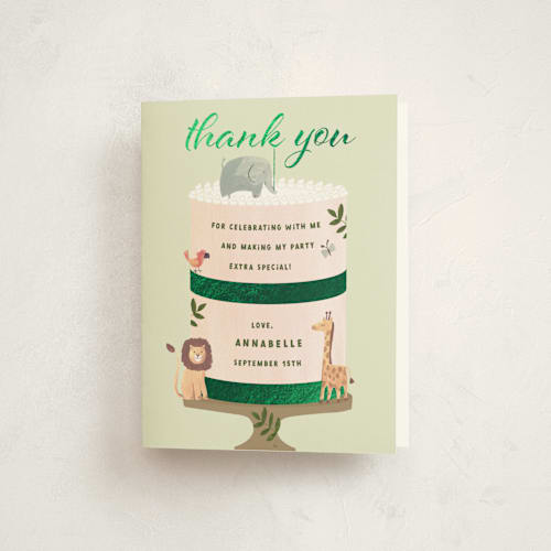 This is a pistachio thank you cards with foil pressed by Teju Reval called safari cake printing on strathmore in standard