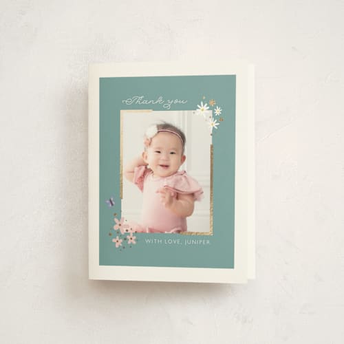 This is a spearmint thank you cards with foil pressed by Hudson meet Rose called garden printing on strathmore in standard
