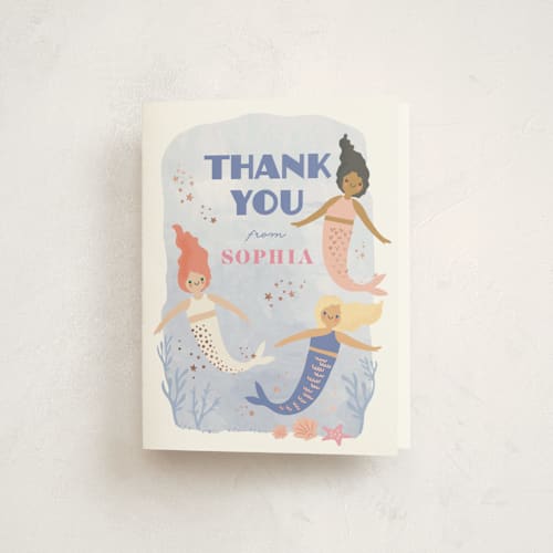 This is a lake thank you cards with foil pressed by Karidy Walker called lets be mermaid printing on strathmore in standard