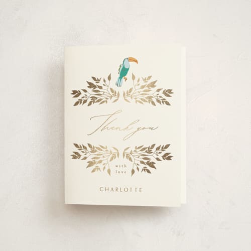 This is a caramel thank you cards with foil pressed by Phrosné Barwood called one safari printing on strathmore in standard
