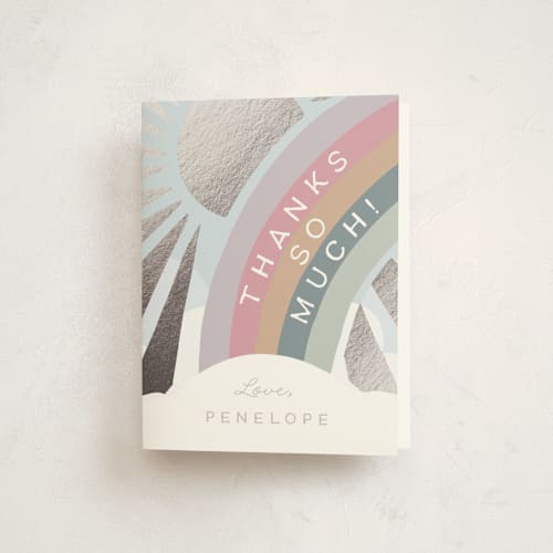 This is a raincloud thank you cards with foil pressed by Leah Bisch called over the rainbow printing on strathmore in standard
