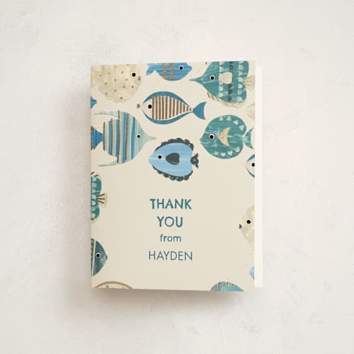 This is a sand thank you cards with foil pressed by Sarah Knight called birthday fish printing on strathmore in standard