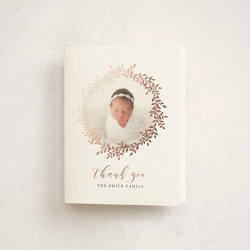 This is a onyx kids thank you cards with foil pressed by Alethia Frye called classic laurel wreath printing on strathmore in standard