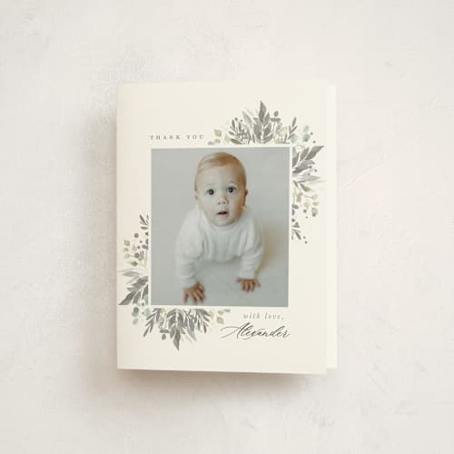 This is a eucalyptus kids thank you cards with standard by Hudson meet Rose called foliage cross printing on strathmore in standard