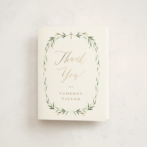 This is a leaf kids thank you cards with foil pressed by Carolyn MacLaren called eucalyptus wreath printing on strathmore in standard