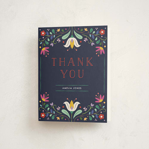 This is a navy kids thank you cards with standard by Amber Barkley called folk florals printing on strathmore in standard
