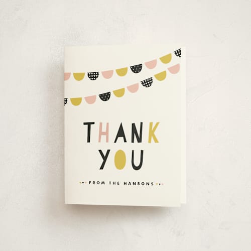 This is a blush kids thank you cards with standard by Melissa Egan of Pistols called baby bunting printing on strathmore in standard