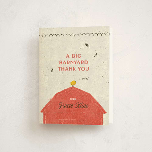 This is a barn kids thank you cards with standard by Kimberly Morgan called barnyard parade printing on strathmore in standard