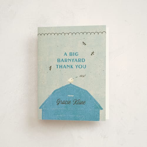 This is a denim kids thank you cards with standard by Kimberly Morgan called barnyard parade printing on strathmore in standard