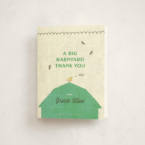 This is a grass kids thank you cards with standard by Kimberly Morgan called barnyard parade printing on strathmore in standard