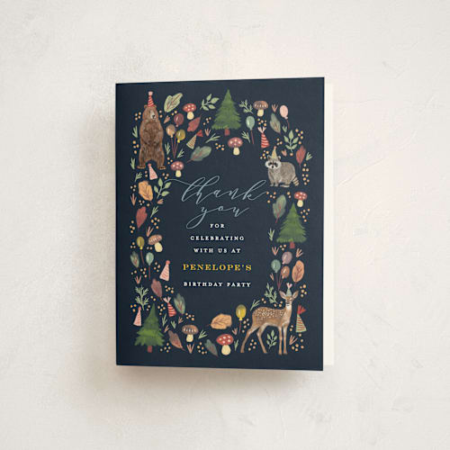 This is a midnight kids thank you cards with standard by iamtanya called woodland celebration printing on strathmore in standard