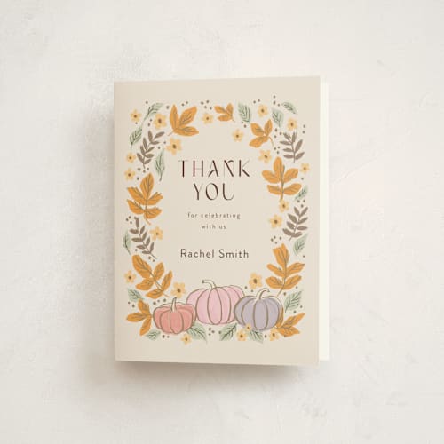 This is a pudding kids thank you cards with standard by Cass Loh called pastel pumpkins printing on strathmore in standard