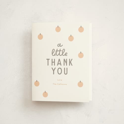This is a cotton kids thank you cards with standard by Baumbirdy called a little pumpkin printing on strathmore in standard
