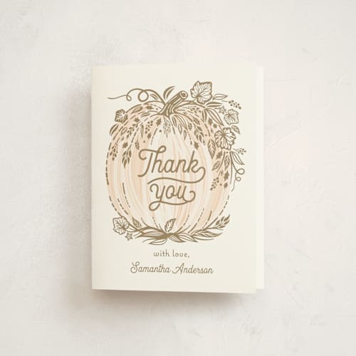 This is a peach kids thank you cards with standard by Paper Sun Studio called little pumpkin printing on strathmore in standard