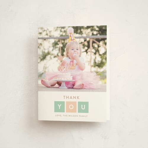 This is a seafoam kids thank you cards with standard by Joanne James called simply one printing on strathmore in standard