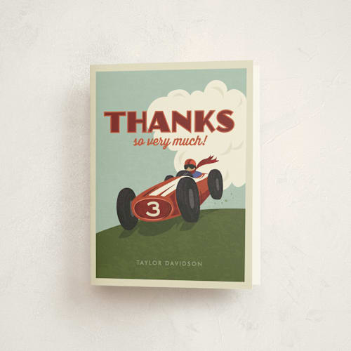 This is a maroon kids thank you cards with standard by Karidy Walker called start your engines printing on strathmore in standard