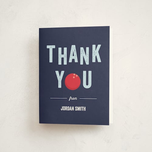This is a blue slate kids thank you cards with standard by Anupama called bowling birthday party printing on strathmore in standard
