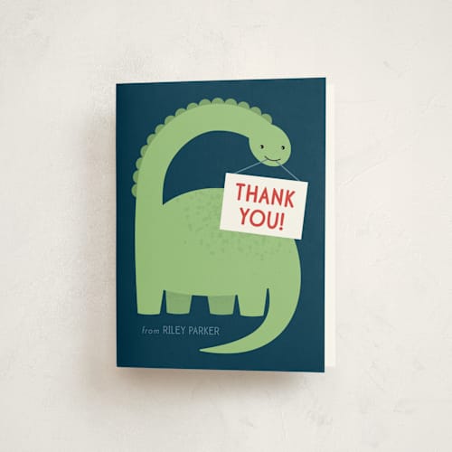 This is a leaf kids thank you cards with standard by Kacey Kendrick Wagner called arched dinosaur printing on strathmore in standard