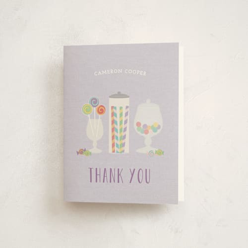 This is a lavender kids thank you cards with standard by Annie Holmquist called candy shoppe printing on strathmore in standard