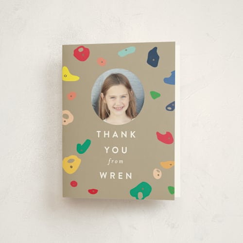 This is a toffee kids thank you cards with standard by Alethea and Ruth called bouldering printing on strathmore in standard