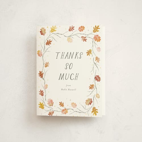 This is a harvest kids thank you cards with standard by Jackie Crawford called watercolor leaf frame printing on strathmore in standard