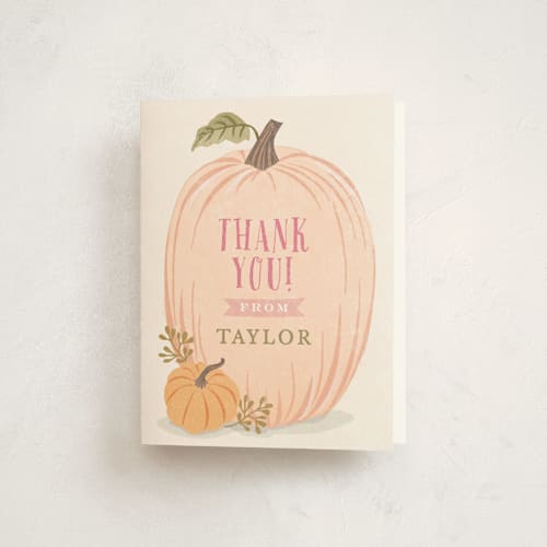 This is a peach kids thank you cards with standard by Karidy Walker called autumn pumpkin printing on strathmore in standard