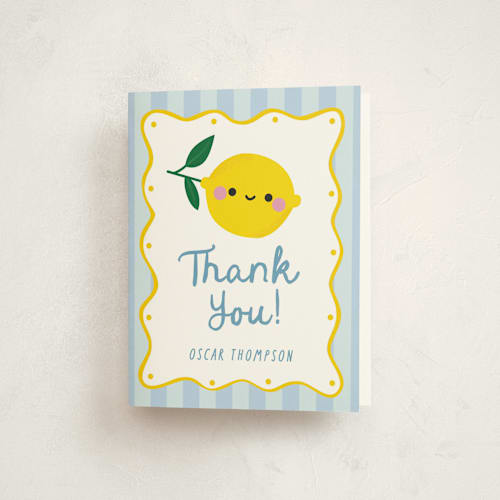 This is a blueberry kids thank you cards with standard by Jennifer Lew called lemons printing on strathmore in standard