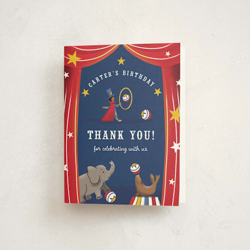 This is a scarlet kids thank you cards with standard by Becky Nimoy called circus printing on strathmore in standard