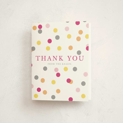 This is a hot pink kids thank you cards with standard by Pretty Girl Designs called confetti fun printing on strathmore in standard