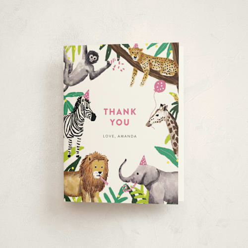 This is a dragon fruit kids thank you cards with standard by Cass Loh called jungle party printing on strathmore in standard