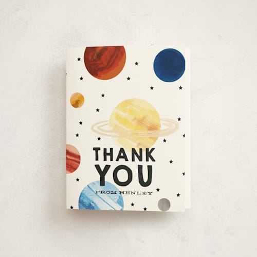 This is a vanilla kids thank you cards with standard by Baumbirdy called planet party printing on strathmore in standard