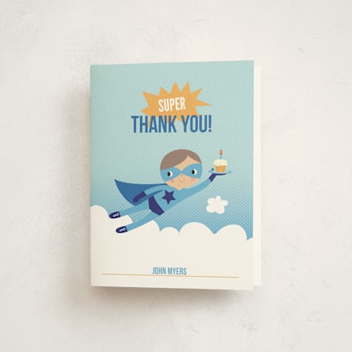 This is a royal blue kids thank you cards with standard by Tara Lilly Studio called super birthday boy printing on strathmore in standard
