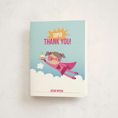 This is a magenta kids thank you cards with standard by Tara Lilly Studio called super birthday girl printing on strathmore in standard