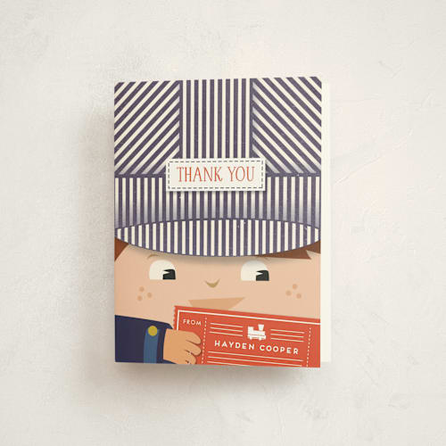 This is a navy kids thank you cards with standard by Tanya Lee of Frooted Design called little train engineer printing on strathmore in standard