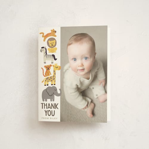 This is a mocha kids thank you cards with standard by Jessie Steury called animal stack printing on strathmore in standard