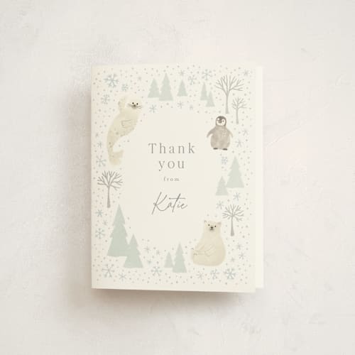 This is a seafoam kids thank you cards with standard by Jennifer Wick called arctic friends printing on strathmore in standard