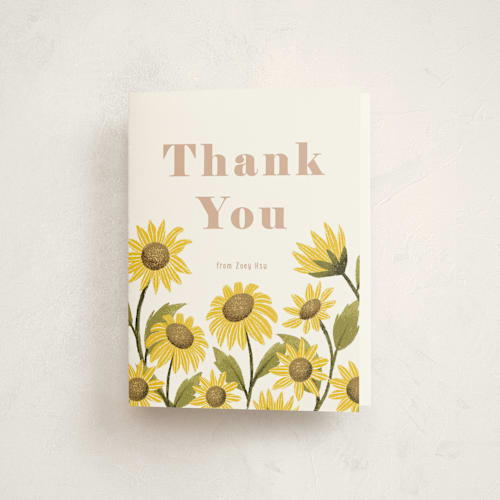 This is a ivory kids thank you cards with standard by Pati Cascino called sunflower party printing on strathmore in standard
