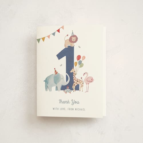 This is a cement kids thank you cards with standard by Teju Reval called wild one printing on strathmore in standard