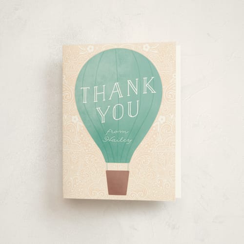 This is a teal kids thank you cards with standard by Noonday Design called hot air balloon birthday printing on strathmore in standard