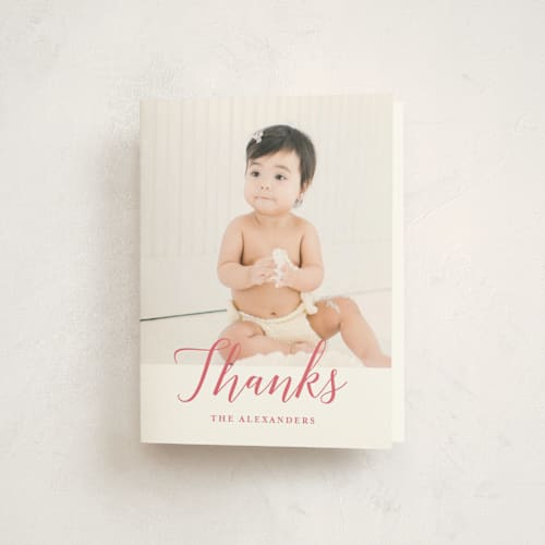 This is a blush kids thank you cards with standard by Genna Blackburn called big script printing on strathmore in standard