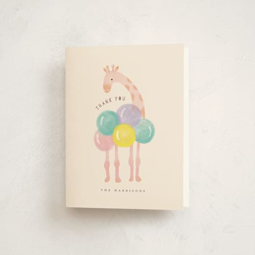 This is a cream kids thank you cards with standard by iamtanya called giraffe and balloons printing on strathmore in standard
