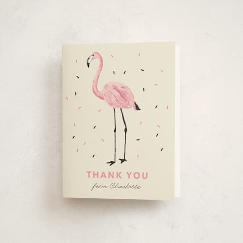 This is a crepe kids thank you cards with standard by Cass Loh called flamingo sprinkles printing on strathmore in standard