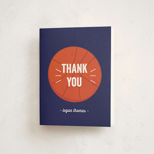This is a navy kids thank you cards with standard by Anupama called game night printing on strathmore in standard