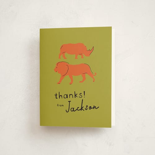 This is a cantaloupe kids thank you cards with standard by Phrosné Barwood called modern safari party printing on strathmore in standard