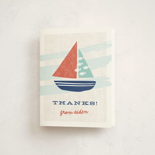 This is a teal kids thank you cards with standard by Carolyn MacLaren called regatta race printing on strathmore in standard