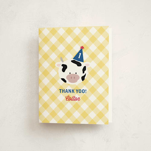 This is a sky blue kids thank you cards with standard by Leslie Ann Jones called barnyard crew printing on strathmore in standard