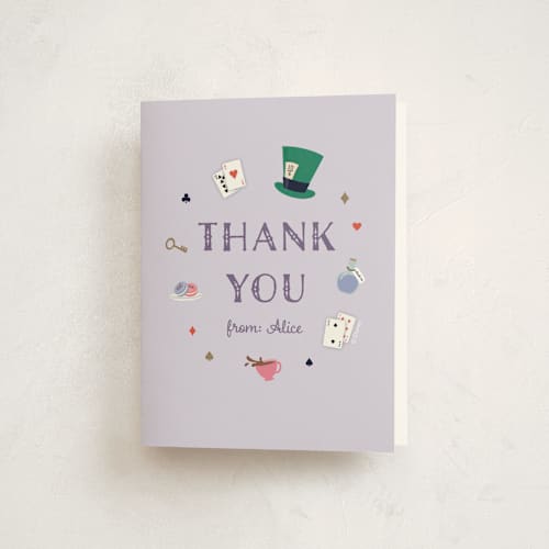 This is a lavender kids thank you cards with standard by Annie Holmquist called disney's alice in wonderland birthday printing on strathmore in standard